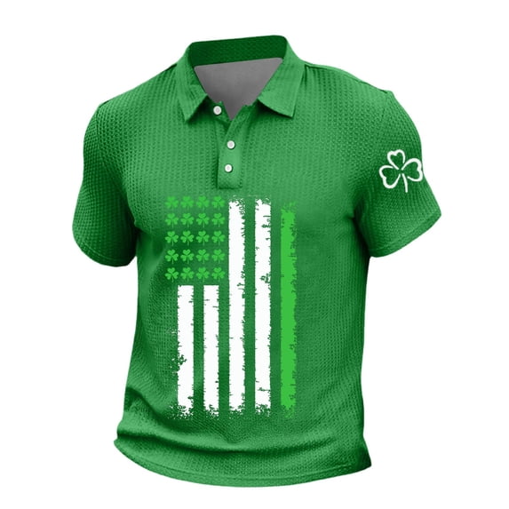 IWRICH Men's St. Patrick's Day Plus Size Polo Shirts Waffle Shamrock Short Sleeve Tees Casual Slim Fit Holiday Tops Green XL