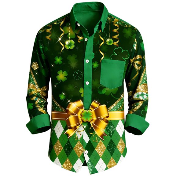 IWRICH Men's St. Patrick's Day Print Casual Shirt Shamrock Saint Patricks Day Shirt 03-Green S