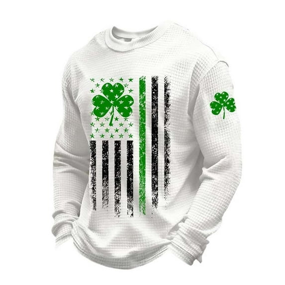 IWRICH Men's St. Patrick's Day Printed Casual Tops American Flag Shamrock T Shirt Waffle Long Sleeve Fashion Tees White XL