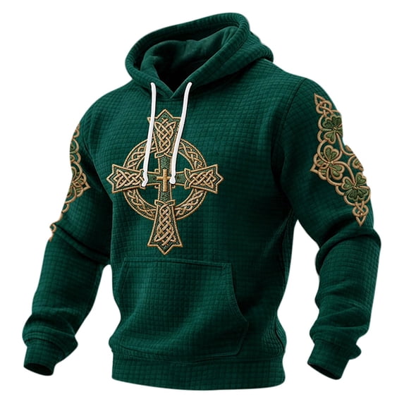 IWRICH Men's St. Patrick's Day Printed Waffle Knit Hoodie Irish Celtic Cross Shamrock Sweatshirt Dark Green XXL