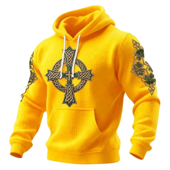 IWRICH Men's St. Patrick's Day Printed Waffle Knit Hoodie Irish Celtic Cross Shamrock Sweatshirt Yellow XXXL