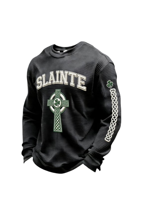 Men's St. Patrick's Day Printed Waffle T-Shirt Waffle Slainte Irish Celtic Cross Tops Long Sleeve Crew Neck Tees Black S