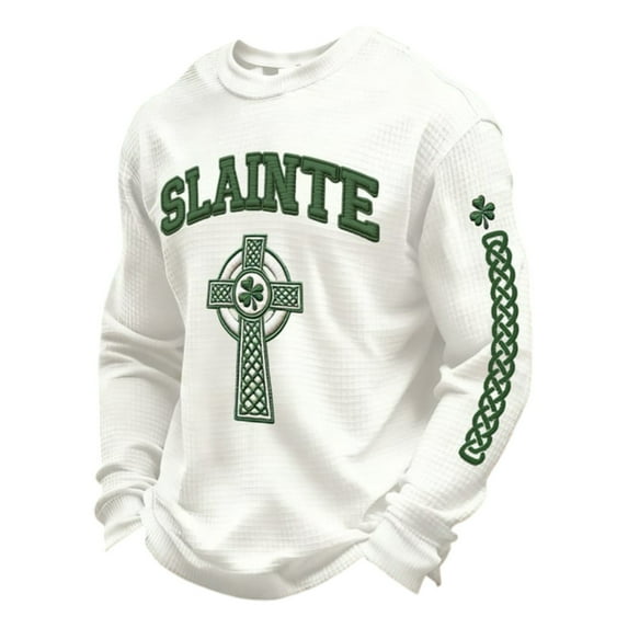 IWRICH Men's St. Patrick's Day Printed Waffle T-Shirt Waffle Slainte Irish Celtic Cross Tops Long Sleeve Crew Neck Tees White XL