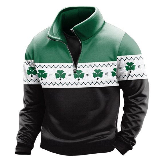 IWRICH Men's St. Patrick's Day Quarter Zip Sweatshirts Long Sleeve Pullover Tees Irish Shamrock Outfits 01-Black XXXL