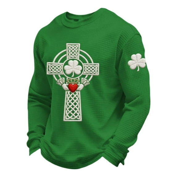 IWRICH Men's St Patrick's Day Shamrock Celtic Knot Cross Print Waffle Sweatshirt Shamrock Tops Dark Green L