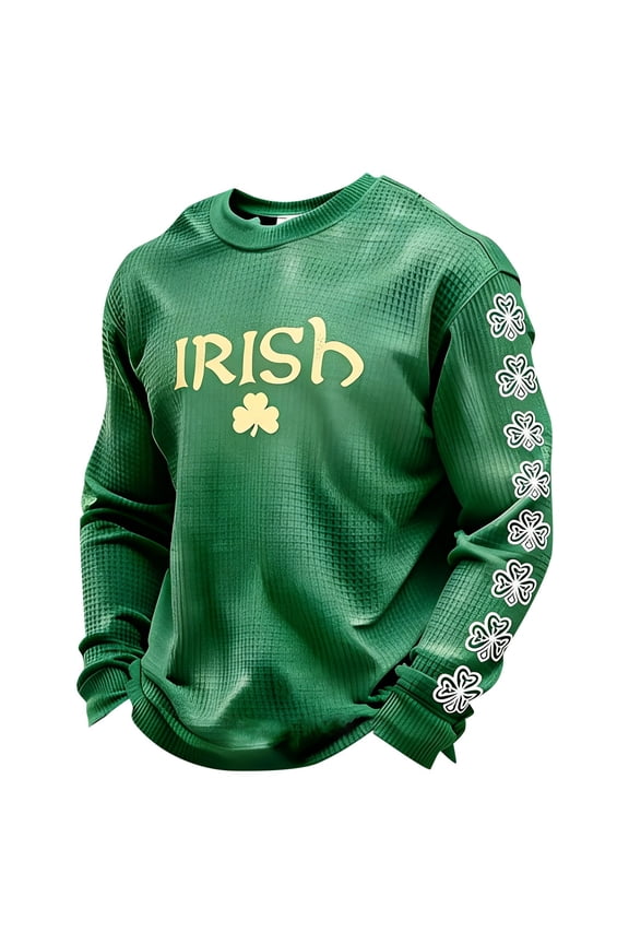 Men's St. Patrick's Day Shamrock Cross Art T Shirts Irish Celtic Cross Tees Crew Neck Long Sleeve Pullover Tops 03-Green XL