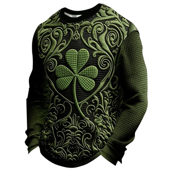 IWRICH Men's St. Patrick's Day Shamrock Cross Art T Shirts Irish Celtic Cross Tees Crew Neck Long Sleeve Pullover Tops 04-Dark Green XL