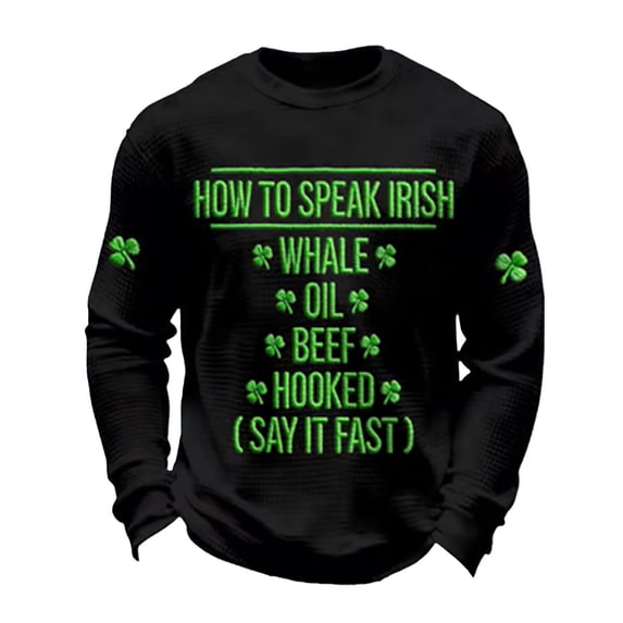 IWRICH Men's St. Patrick's Day Shirt Waffle Irish Shamrock Printed Shirts Crewneck Long Sleeve Slim Muscle Tops Holiday Clothes Black M