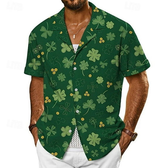 IWRICH Men's St. Patrick's Day Shirts Clover Funny Hat Green Printed Short Sleeve Button down Shirts Green XL