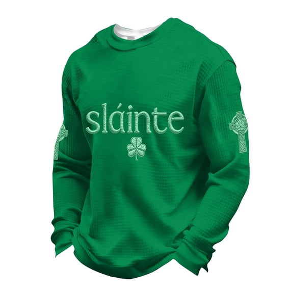IWRICH Men's St. Patrick's Day T Shirt Waffle Crew Neck Sweatshirt Shamrock Long Sleeve Tees 06-Green XL
