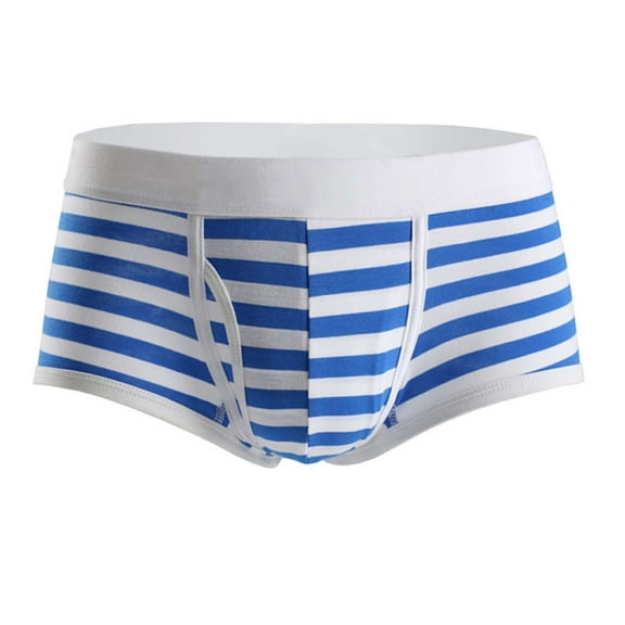 IWRICH Men's Stripe Printed Casual Boxer Briefs Elastic Waistband Enhancing Adjustable Underwear Blue XL