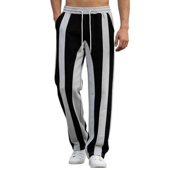 IWRICH Men's Striped Color Block Sweatpants Drawstring Elastic Waist Baggy Straight Leg Pants with Pockets Grey XL