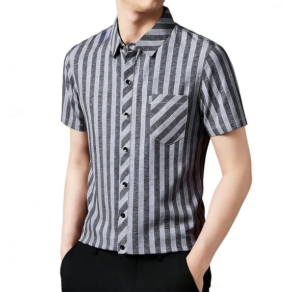 IWRICH Men's Striped Short Sleeve Dress Shirts Button down Classic Shirt Regular Fit Business Shirt for Summer Black M