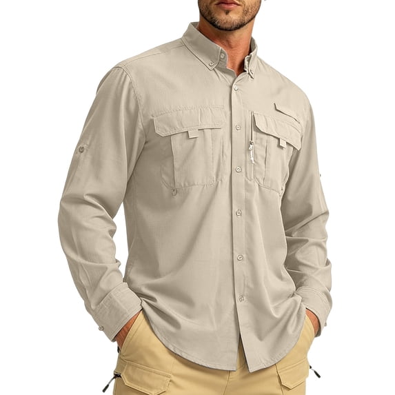 IWRICH Men's Sun Protection Fishing Shirts Long Sleeve Travel Work Shirts Button down Shirts with Zipper Pockets Khaki XL