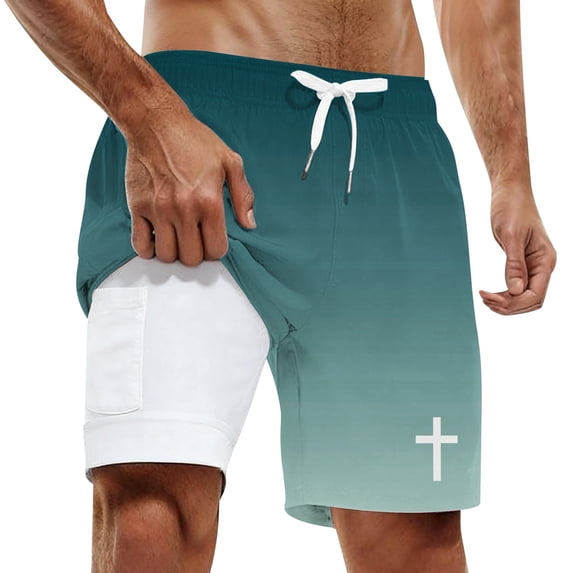 IWRICH Men's Swim Trunks with Compression Liner Bathing Suits 2 in 1 Stretch Shorts with Pockets Dark Green L