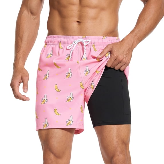 IWRICH Men's Swimming Trunks with Compression Liner Swim Shorts Bathing Suit Anti Chafe Boardshorts with Pocket Light Pink