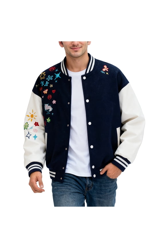 IWRICH Men's Teen 20s Fashion Streetwear Varsity Jacket Color Block Letter Graphic Leather Baseball Coats Dark Blue S