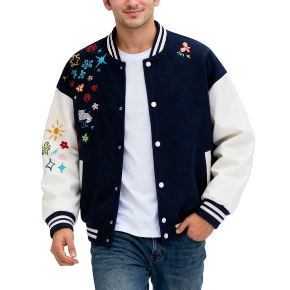 IWRICH Men's Teen 20s Fashion Streetwear Varsity Jacket Color Block Letter Graphic Leather Baseball Coats Dark Blue XXL