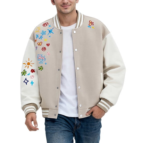 IWRICH Men's 20s Fashion Streetwear Varsity Jacket Color Block Letter Graphic Leather Baseball Coats Khaki L