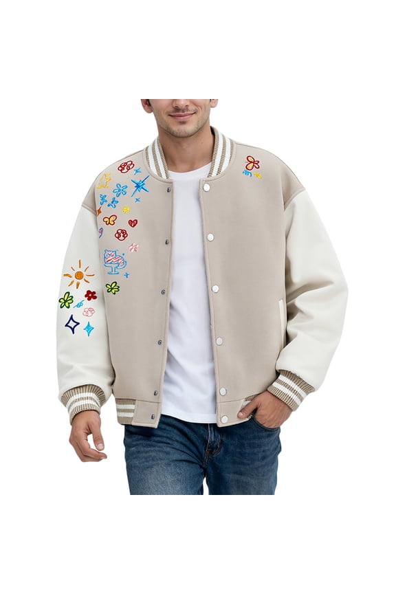 IWRICH Men's Teen 20s Fashion Streetwear Varsity Jacket Color Block Letter Graphic Leather Baseball Coats Khaki S