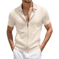 thumbnail image 1 of IWRICH Men's Texture Full Zip Polo Shirts Short Sleeve Jacquard Tees Solid Color Casual Trendy Summer Holiday Tops Khaki XL, 1 of 5