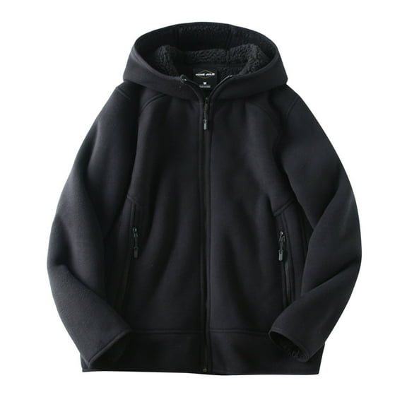 IWRICH Men's Thickened Zipper Hooded Jacket Solid Color Fleece Warm Casual Heavyweight Sherpa Lined Outerwear Black S