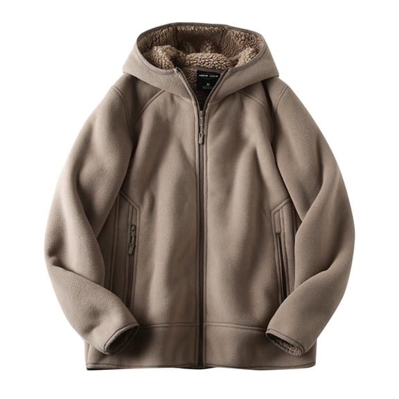 IWRICH Men's Thickened Zipper Hooded Jacket Solid Color Warm Casual Heavyweight Sherpa Lined Outerwear Khaki S
