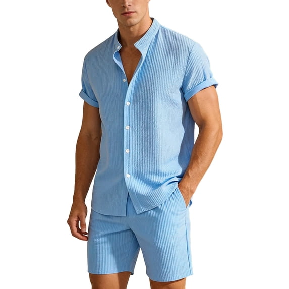 IWRICH Men's Two Piece Outfit Shorts Casual Short Sleeve Button down Shirt and Beach Shorts Set Summer Vacation Outfits Sky Blue XL