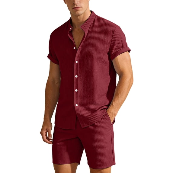 IWRICH Men's Two Piece Outfit Shorts Casual Short Sleeve Button down Shirt and Beach Shorts Set Summer Vacation Outfits Wine XXXL