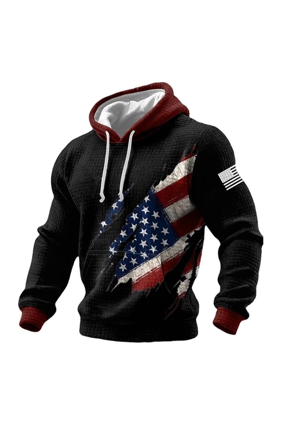 Men's USA Patriotic Plus Size Hoodies 250 Anniversary Shirt Waffle American Flag Pullover Tops 1776-2026 Hooded Sweatshirt 03-Black XXXXL