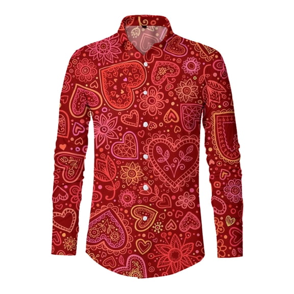IWRICH Men's Valentine's Day Dress Shirt Vacation Stylish Casual Lapel Long Sleeve Heart Printed Button down Tops Red XL