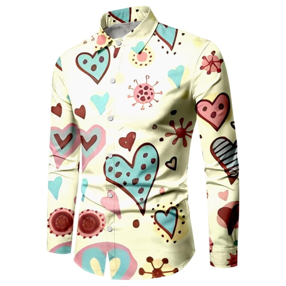 IWRICH Men's Valentine's Day Printed Shirts Long Sleeve Festive Casual Fashion Tops V Neck Loose Fit Holiday T Shirts Light Yellow L