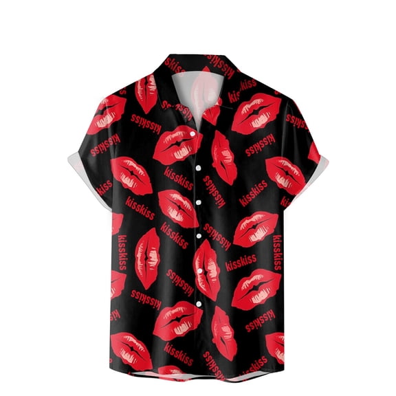 IWRICH Men's Valentines Day Shirts Heart Print Fashion Print Lapel Tops Short Sleeved V Neck T Shirts Blue M