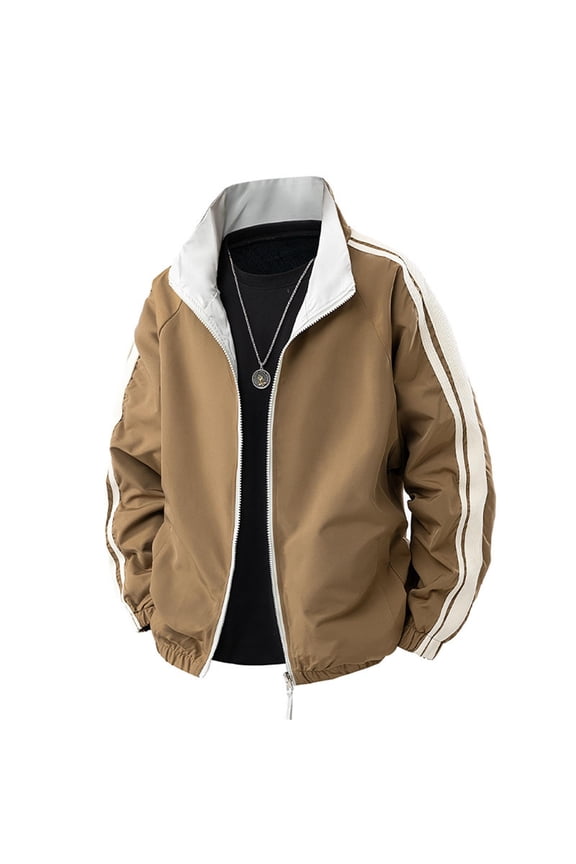 IWRICH Men's Varsity Jacket Casual Fashion Stylish Bomber Jacket Lightweight Windbreaker Stripe Side Taping Streetwear Coffee XXL