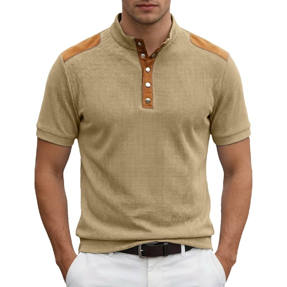 IWRICH Men's Waffle Knitted Polo Shirts Lightweight Work Business Formal T-Shirt Button up Casual Tops Khaki S