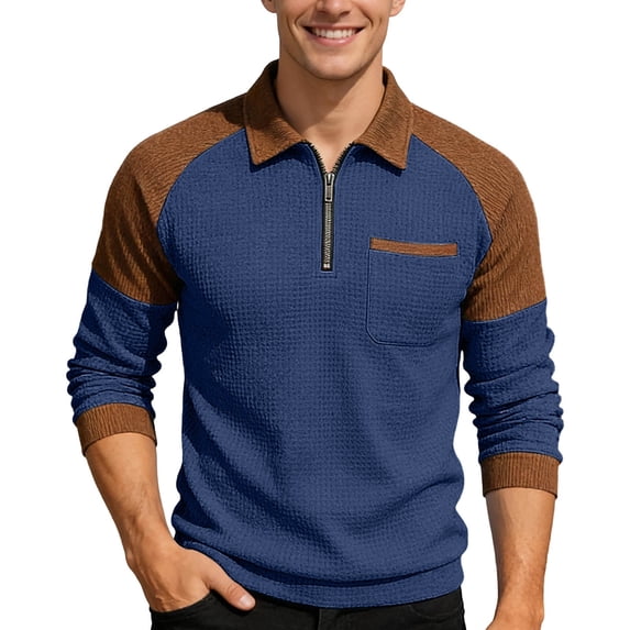 IWRICH Men's Waffle Quarter Zip Long Sleeve Polo Shirts Classic Color Blocking Tops Casual Collared Basic Tees with Pocket Navy XXL