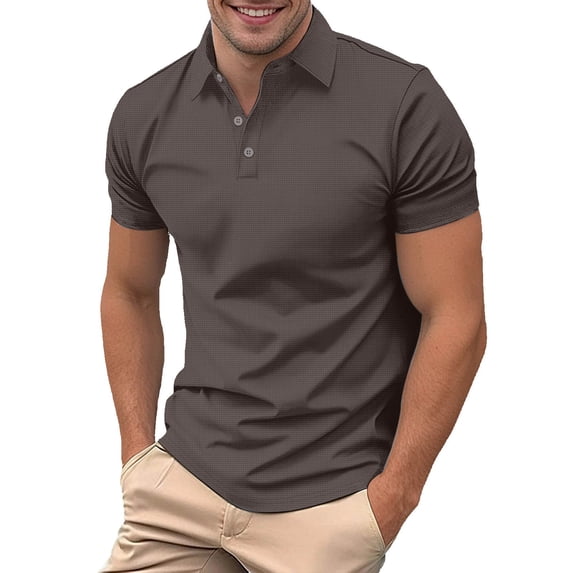 IWRICH Men's Waffle Solid Color Polo Shirts Collared Short Sleeve Slim Fit Shirts Button up Casual Business Workwear Coffee S
