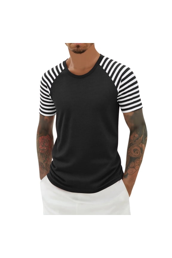 Men's Waffle Strip Short Sleeve T Shirts Carnival Summer Lightweight Striped Tee Casual Crewneck Athletic Gym Workout Top for Unisex Black XL