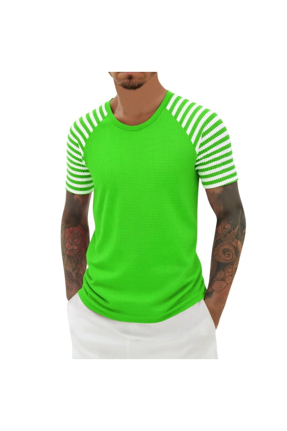 Men's Waffle Strip Short Sleeve T Shirts Carnival Summer Lightweight Striped Tee Casual Crewneck Athletic Gym Workout Top for Unisex Green XXL