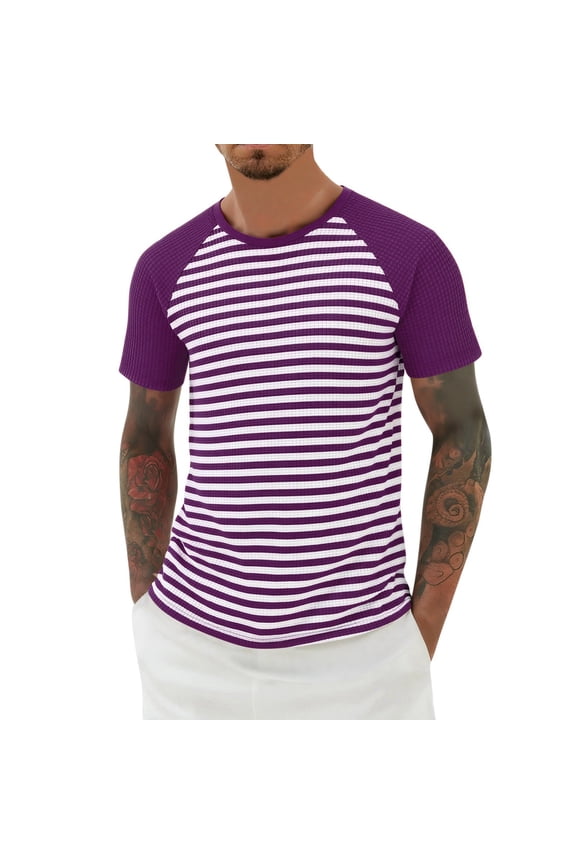 Men's Waffle Strip Short Sleeve T Shirts Couples Summer Lightweight Striped Tee Casual Crewneck Athletic Gym Workout Top for Unisex Purple XS