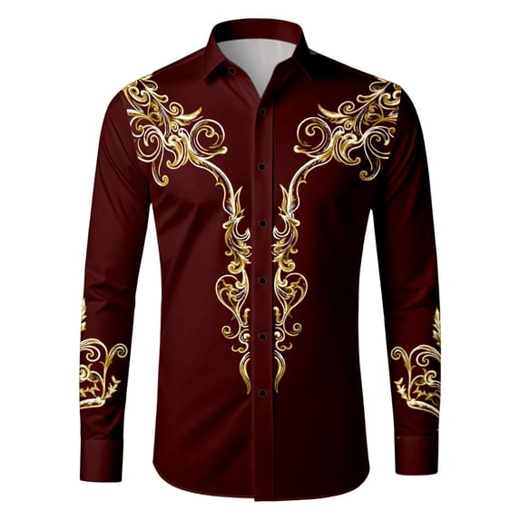 IWRICH Men's Western Cowboy Shirts Long Sleeve Printed Shirt Slim Fit Casual Button down Shirts 01-Wine M