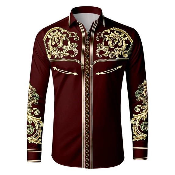 IWRICH Men's Western Cowboy Shirts Long Sleeve Printed Shirt Slim Fit Casual Button down Shirts 02-Wine L