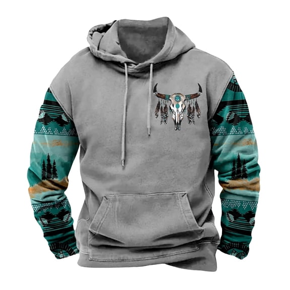 IWRICH Men's Western Hoodies Tribal Aztec Cowboy Ethnic Country Hooded Sweatshirts Fall Long Sleeve Pullover Tops Grey S