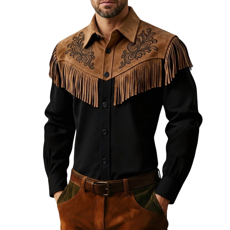 black and brown mens dress shirts IWRICH Men's Western Leather Tassel Jacket Fringes Long Sleeve Button down Suede Shirts Slim Fit Fringe Coat Tops 07-Black M brown striped t shirt