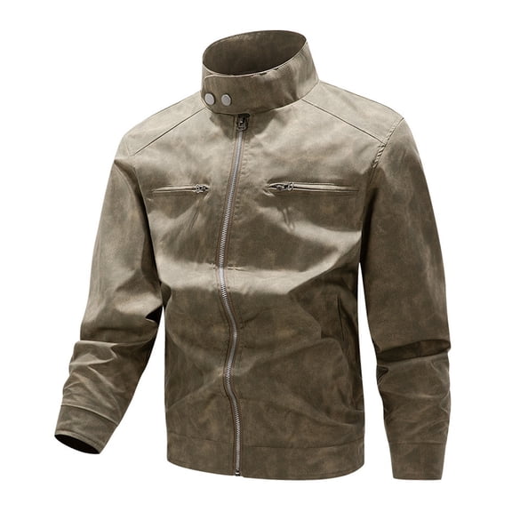 IWRICH Men's Winter Stand Collar PU Leather Jacket Windproof Lined Motorcycle Coat Khaki XL