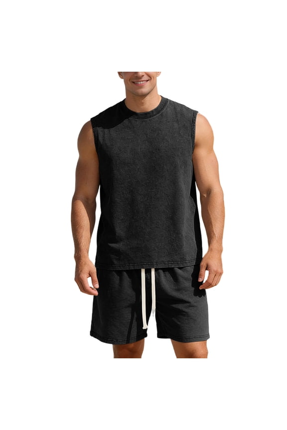 Men's Workout Tracksuits Sleeveless Muscle Tank Tops Gym Acid Wash T Shirts Loose Fit Elastic Waist Shorts BK2 S
