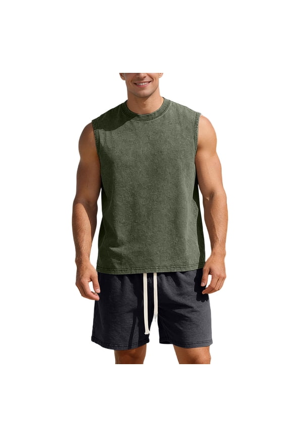 Men's Workout Tracksuits Sleeveless Muscle Tank Tops Gym Acid Wash T Shirts Loose Fit Elastic Waist Shorts GN1 S