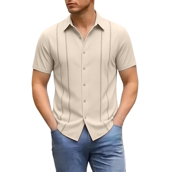 IWRICH Mens Cuban Guayabera Shirt Short Sleeve Button down Shirts Summer Beach Vacation Shirts Beige S