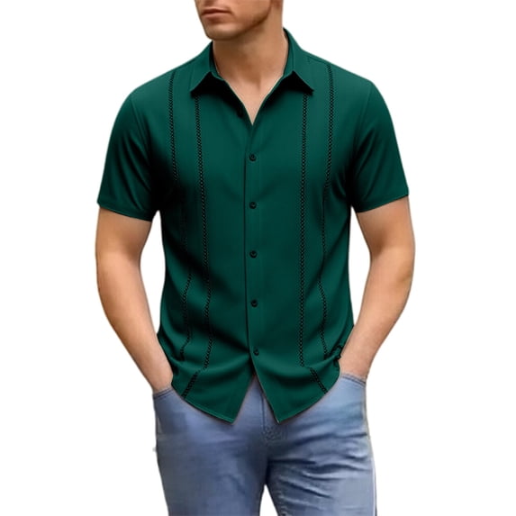 IWRICH Mens Cuban Guayabera Shirt Short Sleeve Button down Shirts Summer Beach Vacation Shirts Dark Green XXXL