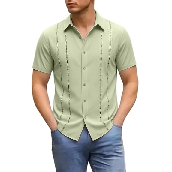 IWRICH Mens Cuban Guayabera Shirt Short Sleeve Button down Shirts Summer Beach Vacation Shirts Light Green XXL